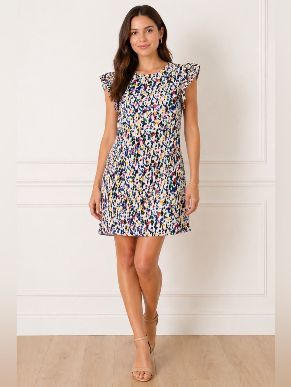 Derek Lam 10 Crosby Abstract Sz 6 Confetti Print Ruffle Sleeve Shift Dress